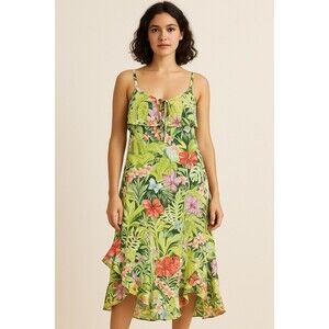 Tommy Bahama Tropolicious Women's S Green Dress Maxi Ruffle Resort Floral Hi-Low